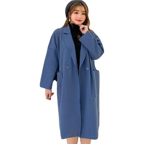Plus Size Womens Fall / Winter Woolen Coat Fashion Loose Thin Mid-length Korean Blue Trench Coats Womens Jacket overcoat