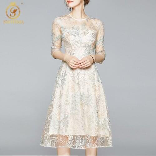 New 2021 Fashion Designer Summer Party Dress Womens Half Sleeve Elegant Mesh Flower Embroidery Knee-Length Dress Vestidos