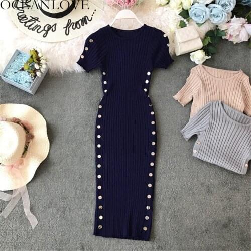 OCEANLOVE 2020 Summer Knitting Dress Stretch O-neck Short Sleeve Vestidos Slim Sexy Bodycon Buttoms High Waist Long Dress 11924