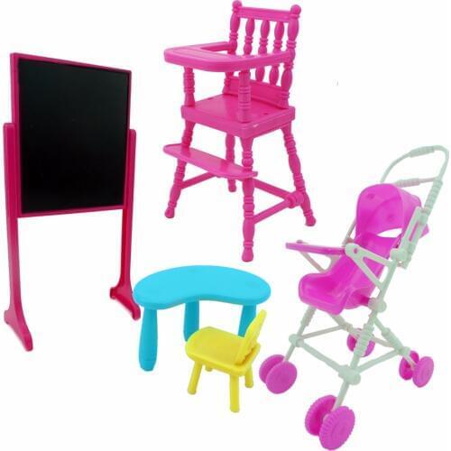 3 Nursery Classroom Furniture = 1 Blackboard Stool +1 Feeding High Chair +1 Baby Stroller for Barbie Kelly Doll House Accessorie