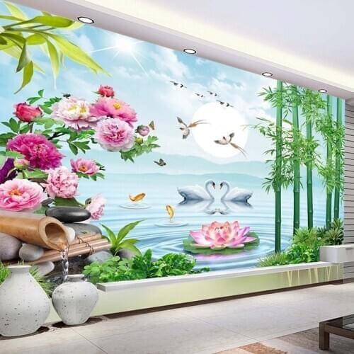Custom 3D Photo Wallpaper Moon Swan Bamboo Forest Flowers Birds Art Wall Painting Study Bedroom Living Room TV Background Mural