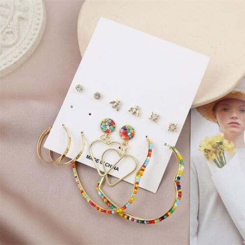 6Pairs/Set Cute Star Animal Bee Stud Earrings For Women Fashion Gold Metal Multicolor Beaded Big Heart Earring Set Jewelry Gift