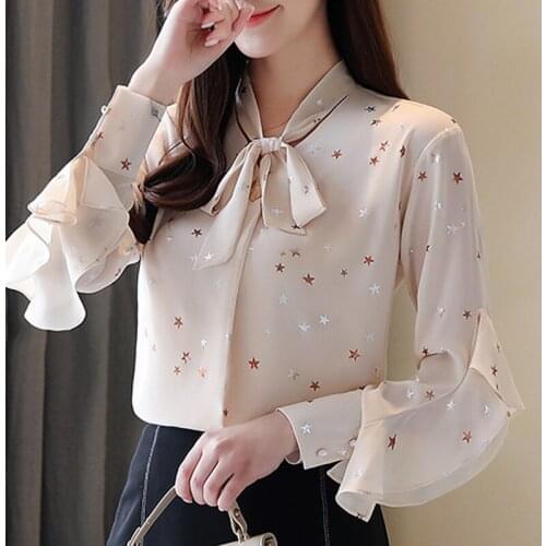 Womens Tops And Blouses Long Sleeve Blouse Women Fashion Woman Blouses 2021 Bow Collar Print Chiffon Blouse Women Shirt C488