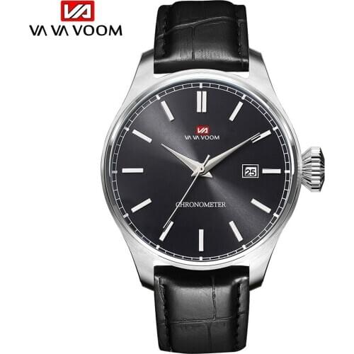 VA VA VOOM Antique Business Mans Watch Sun Grain Blue Black Dial Bamboo Leather Luxury Brand Quartz Wrist Watches Men Calendar