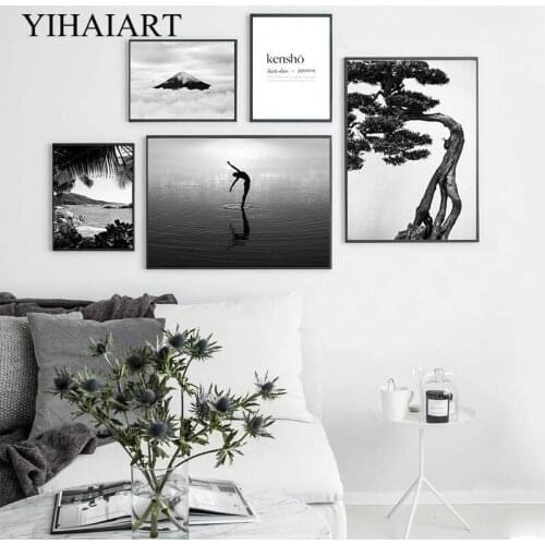 Black White Zen Tree Meditation Landscape Canvas Art Print Nordic Abstract Wall Painting Tropical Plant Leaf Picture Home Decor