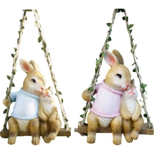 Rabbit Swing Statue Resin Bunny Sculpture Funny Garden Hanging Decoration Courtyard Micro Fairy Landscape Crafts Gift
