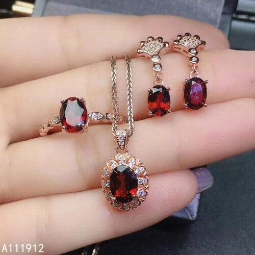 KJJEAXCMY fine jewelry natural garnet 925 sterling silver women gemstone pendant necklace ring earrings set support test noble