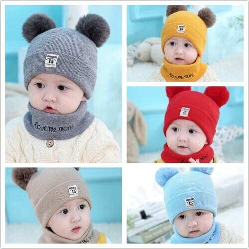 2 Pieces Baby Beanies Cap Set Baby Kid Solid Color Plush Ball Baby Girls Hat And Scarf Set Winter Warm Caps For Boys Newborn Hat