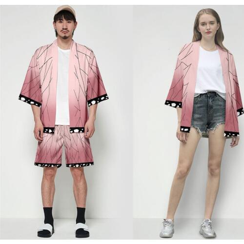 Anime Demon Slayer Kimetsu No Yaiba Tanjiro Kamado Cosplay Costume Two Piece Set Kimono Plus Size Jackets Women Shirt + Shorts