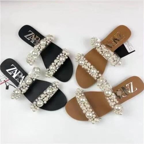 Summer Pearl Sandals Flat Open Toe Women Slippers Solid Color Outdoor Fashion Womens Shoes Plus Size