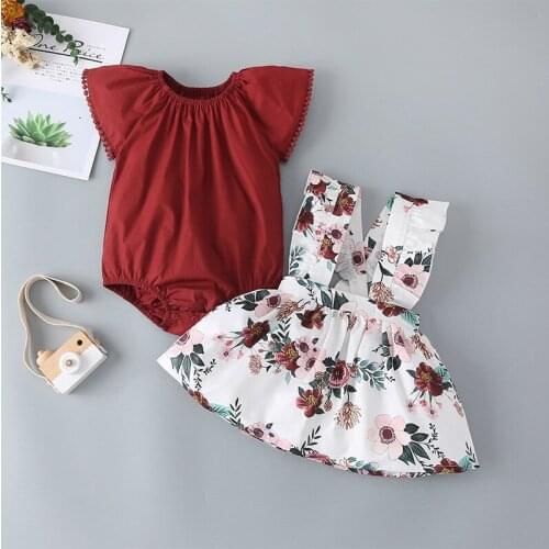 2021 Newly Arrived Childrens Clothing Summer Fashion Girls' New Jujube Top + Printed Suspender Skirt Set Two Pieces