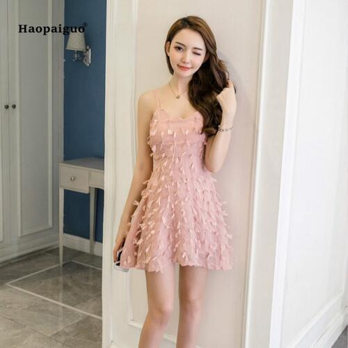 Solid A-line Dress Summer White Pink Sleeveless Spaghetti Strap V-neck Tassel Sexy Party Mini Dress Casual Office Dresses Ladies