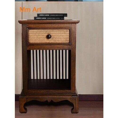Thailand Solid Wood Rattan Bedside Table Retro Minimalist Creative Storage Cabinet