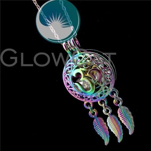 R-C704 Rainbow Color Yoga OM Dreamcatcher Beads Cage Pendant Perfume Diffuser Aromatherapy Pearl Cage Locket Necklace