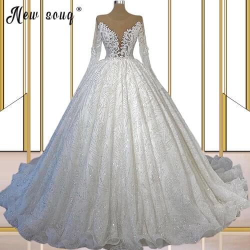 2021 A Line Wedding Dress Ivory Satin Skirt Full Sleeve Bling Bling Plearls Bridal Dress Scoop Neck Appliques Bridal Gowns