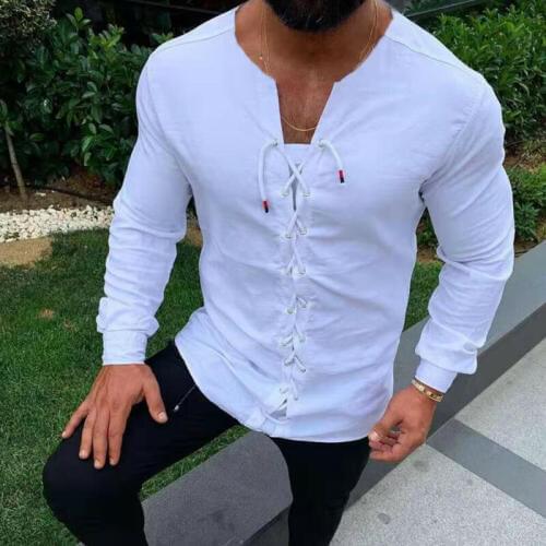 M-3XL linen cotton shirts for men long sleeve loose v-neck belt loose 2019 autumn shirts fashion classic male clothing
