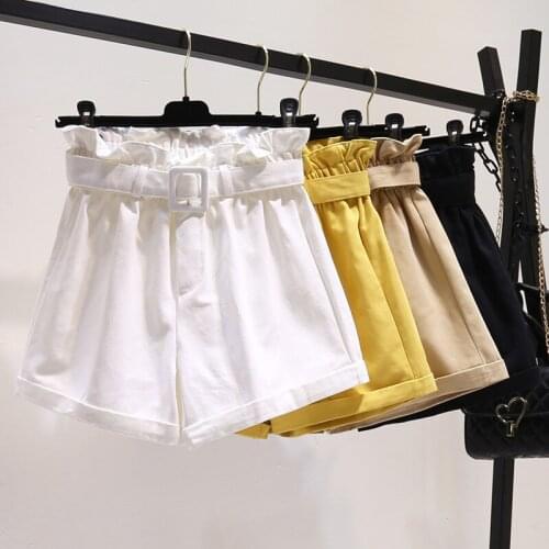 Summer New Shorts Wild Solid Color Sashes Casual Women Korean A-Line High Waist Slim Short Ladies Fashion Wide Leg Pants H1512