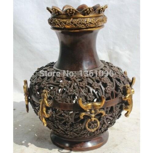 Xd 00868 10" Marked Chinese Dynasty palace Bronze Gild Beast lion lion flower Bottle Vase