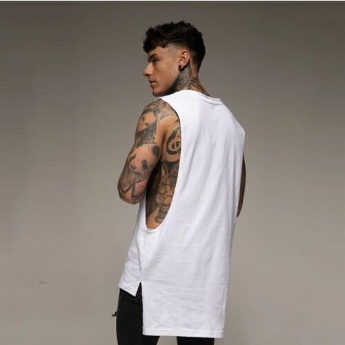 TOQUCL Summer split loose sports Men Vest European American Style extended Lentgh hip-hop solid color sleeveless T-shirt cotton