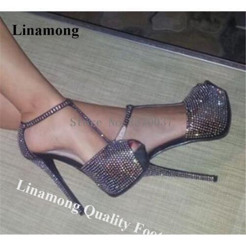Linamong Bling Bling Rhinestone Peep Toe High Platform Stiletto Heel Pumps T-strap Crystal High Heels Club Evening Dress Shoes