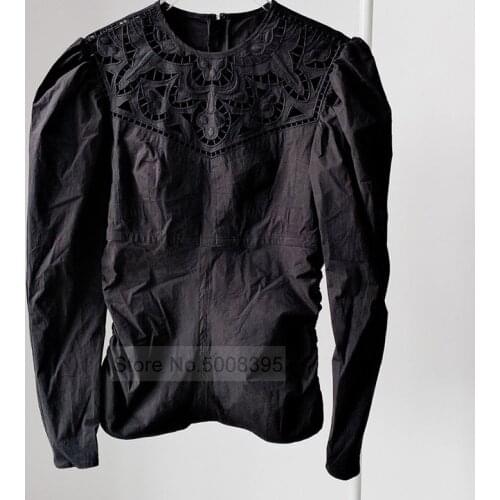 Woman Black White Cotton Blend Blouse Round Neck Lace Embroidered Hollow Out detail Slim Waist Long Sleeves TOPS