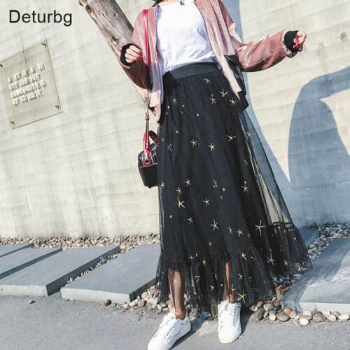 Womens Cute Star Embroidery Long Skirt Girls Casual Elastic High Waist Pleated Black School Tulle Skirt Saias 2020 Spring SK165
