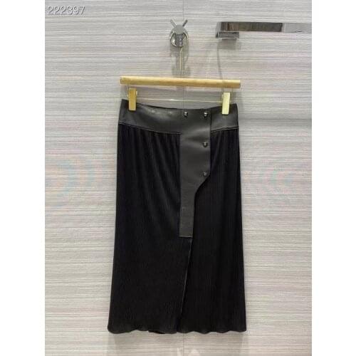 Womens Elegant Leather Patchwork Midi Skirt Female High Waist Black Pleated Skirts 2021 Summer