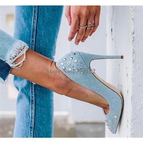 Women Western Style Pointed Toe Denim Rhinestone Stiletto Heel Pumps Slip-on Blue Jean Crystal High Heels Formal Dress Shoes