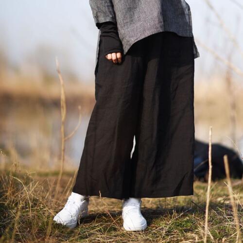 Johnature Women Linen Wide Leg Pants Elastic Waist 2020 Spring Loose New Pockets Plus Size Women Black Vintage Trouser