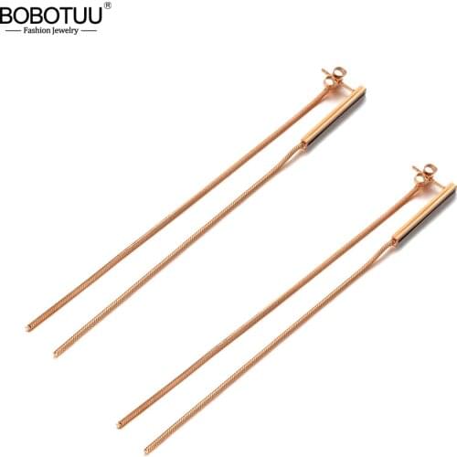 BOBOTUU Rose Gold Bohemia Long Tassel Dangle Earrings Stainless Steel Rectangle Acrylic Earrings Jewelry For Women BE20118