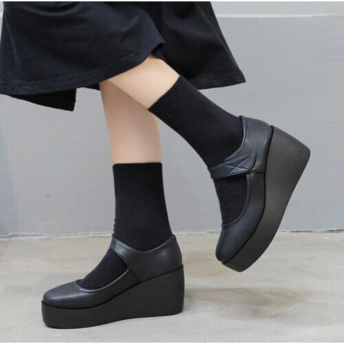 2020 Autumn Spring Women Wedges Mary Janes Shoes Black High Heels Platform Pumps Chunky Ladies Shoe zapatos mujer Lolita 8703N