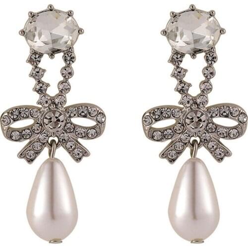 New Fashion Vintage Bowknot Water Drop Earrings Dangle for Women 2021 French Design Pearls Drop Earring Female Wedding Jewelry