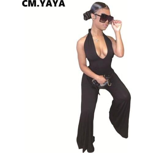 CM.YAYA Women Jumpsuit Solid Sleeveless Bandage Halter Backless V-neck Wide Leg Jumpsuits Sexy Fashion Outfits Summer 2021