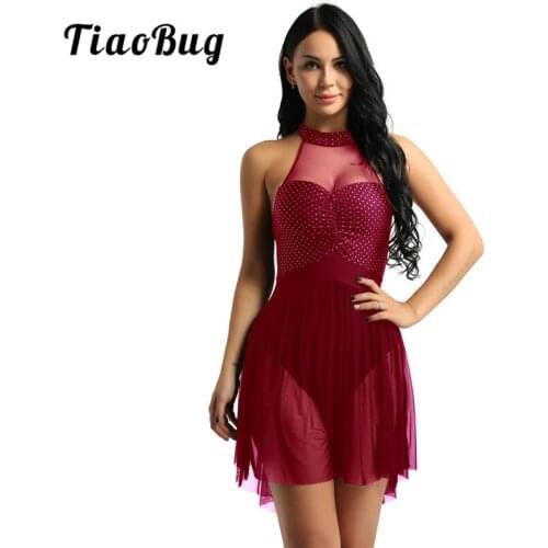 TiaoBug Women Halter Polka Dots Stage Performance Lyrical Dance Costumes Sports Ballet Gymnastics Leotard Tulle Hem Dance Dress