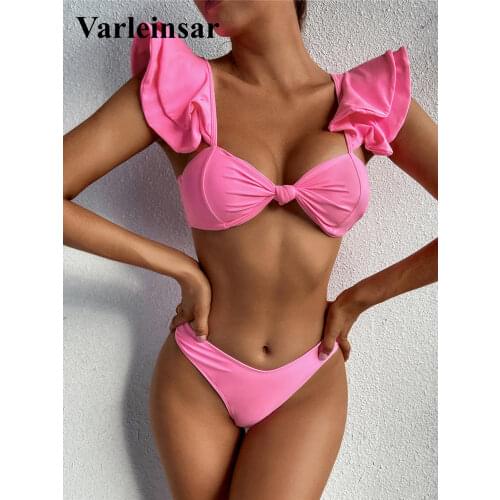 New Sexy Ruffled Knotted Pink Bikini Female Swimsuit Women Swimwear Two-pieces Bikini set Bow Bather Bathing Suit Swim V2777