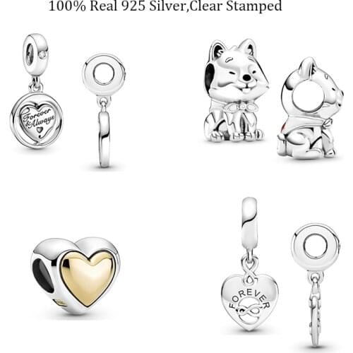 100% Real 925 Sterling Silver Dog Charms Heart Dangles Domed Beads Fits Original Bracelets Bangle For Female Jewelry DIY Making