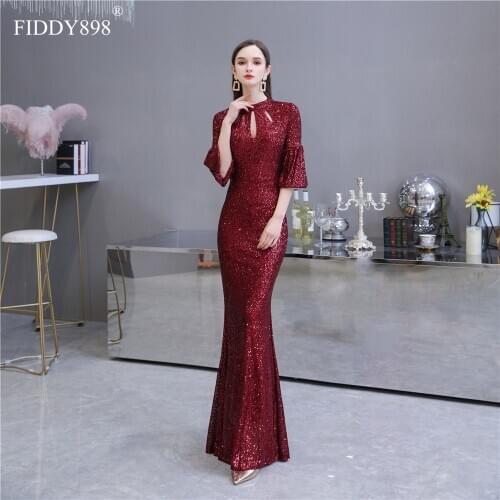 Elegant Evening Dress Long Half Sleeves High Neck Burgundy Prom Dress 2020 Mermaid Evening Gown Sequin Floor Length abendkleider
