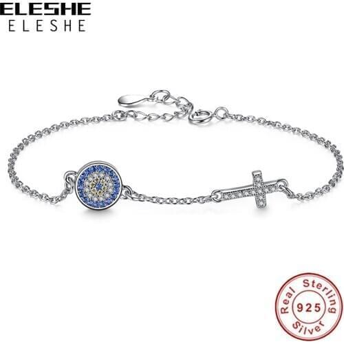 ELESHE Wholesale 925 Sterling Silver Blue Eye Bracelet Adjustable Crystal Cross Charm Bracelets For Woman Fine Jewelry