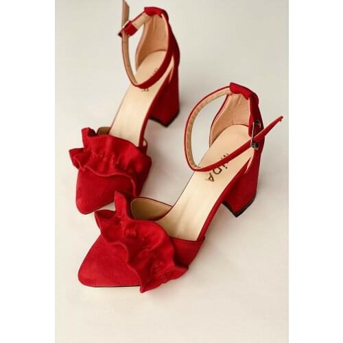 Red Suede Frilly Women Heels Shoes