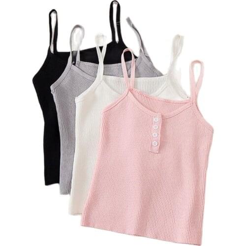 HELIAR 2021 Summer Women Spaghetti Tank Tops Knitting Buttons Crop Tops Sexy Crop Tops Female Crop Tops Sleveless Tank Top Women