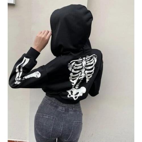 2021 New Women’s Autumn Hooded Sweatshirts Coats Casual Womens Long Sleeve Zipper Up Halloween Bones Print Hoodies Sweatshirt