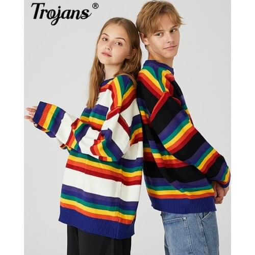 Autumn Harajuku Retro Rainbow Knitted Striped Sweater Men Hip Hop Pullover Sweater Streetwear Female Fashion Sweater Cotton Tops