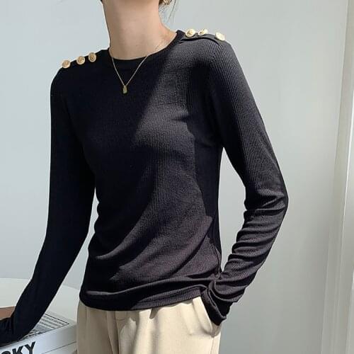 Autumn Women O-Neck Long Sleeve Cotton Tee Shirt Female Solid Slim Button Korean Fashion Tees Screw Thread Tshirts Ladies Tops