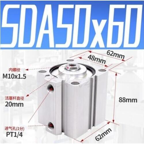 SDA50*60, 50mm Bore 60mm Stroke Compact Air Cylinders SDA50X60 Dual Action Air Pneumatic Cylinder