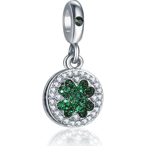Fit Original Pandora Charms Bracelet Women Pave Green Crystal Hollow Zircon Clover Pendant for Jewelry Making DIY Good Luck Bead