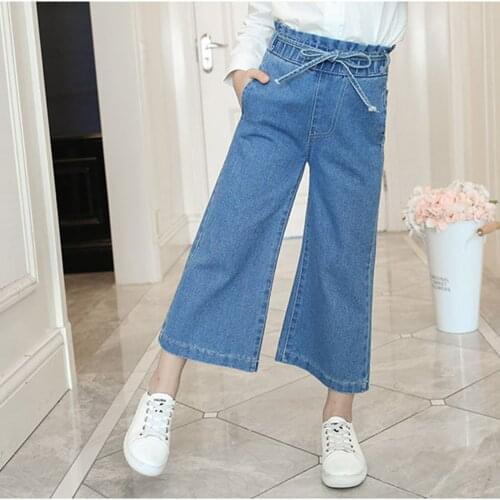 Teenage Girls Jeans 2021 Spring Summer Fall Casual Fashion Loose Belt Kids Leg Wide Pants School Children Trousers 6 8 10 12Year