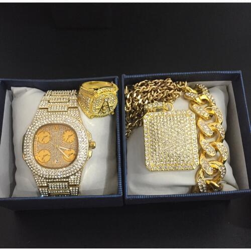 Luxury Men Gold Color Watch & Necklace & Bracelet & Ring Combo Set Ice Out Cuban Watch Hip Hop In Crystal Jewelry set For Men