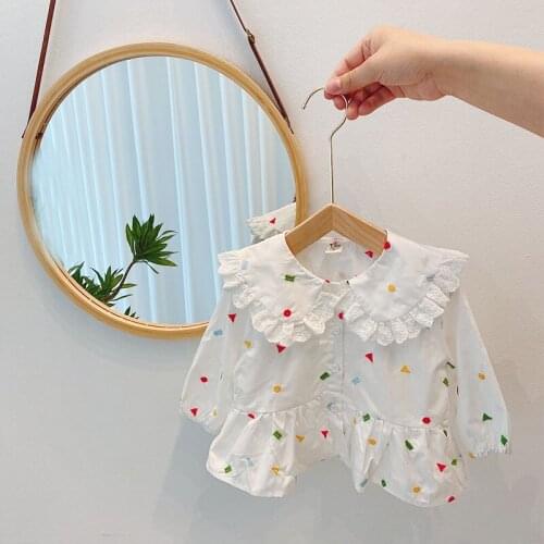Girls Peter Pan Collar Shirt Kids Geometric Lace White Shirt Spring Children Korean Style Fashionable Long-sleeved Baby Girl Top
