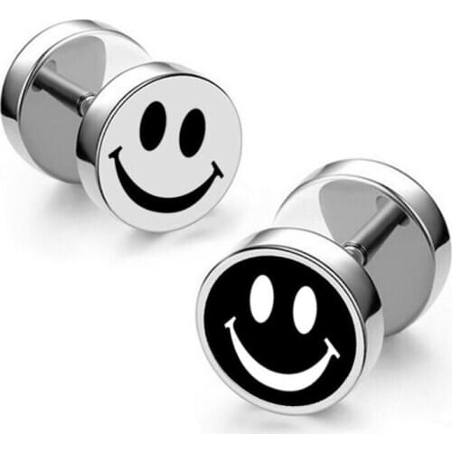 Barbell Mens Fashion Smiley Face Dumbbell Earrings Fashion Punk Street Tide Stainless Steel Jewelry