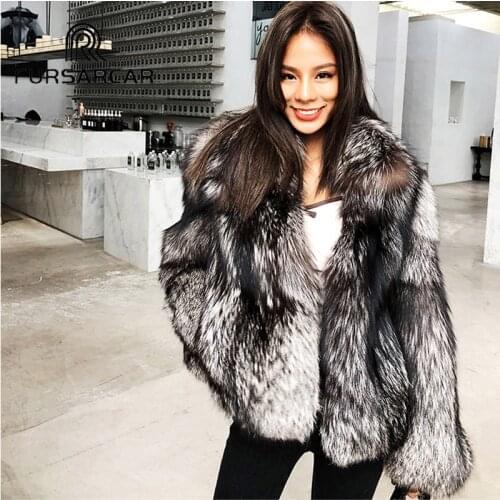 FURSARCAR Women Natural Real Fur Coat Fashion New Winter Silver Fox Fur Coat Luxury Whole Skin Female Jacket With Fur Collar
